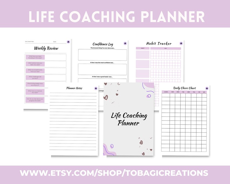 Peut inclure: Un planificateur de coaching de vie imprimable avec des pages pour les revues hebdomadaires, les journaux de confiance, les suivis d'habitudes et les tableaux de t&acirc;ches quotidiennes. Le planificateur a un fond gris clair avec des accents violets et bruns.