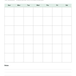 Actual January calendar page from the included PDF. A blank year line and six-row Sunday-to-Saturday grid let you enter your own dates. A lined notes area appears below.