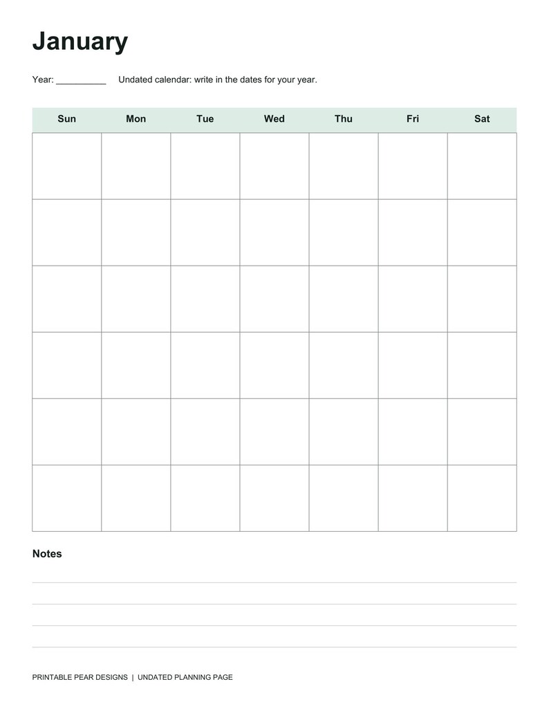 Actual January calendar page from the included PDF. A blank year line and six-row Sunday-to-Saturday grid let you enter your own dates. A lined notes area appears below.