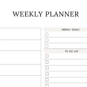 Peut inclure: Un mod&egrave;le de planning hebdomadaire blanc avec le texte WEEKLY PLANNER en haut. La partie gauche liste les jours du lundi au vendredi avec des espaces vides. La partie droite comprend des sections WEEKLY GOALS avec des cercles et TO DO LIST avec des carr&eacute;s.