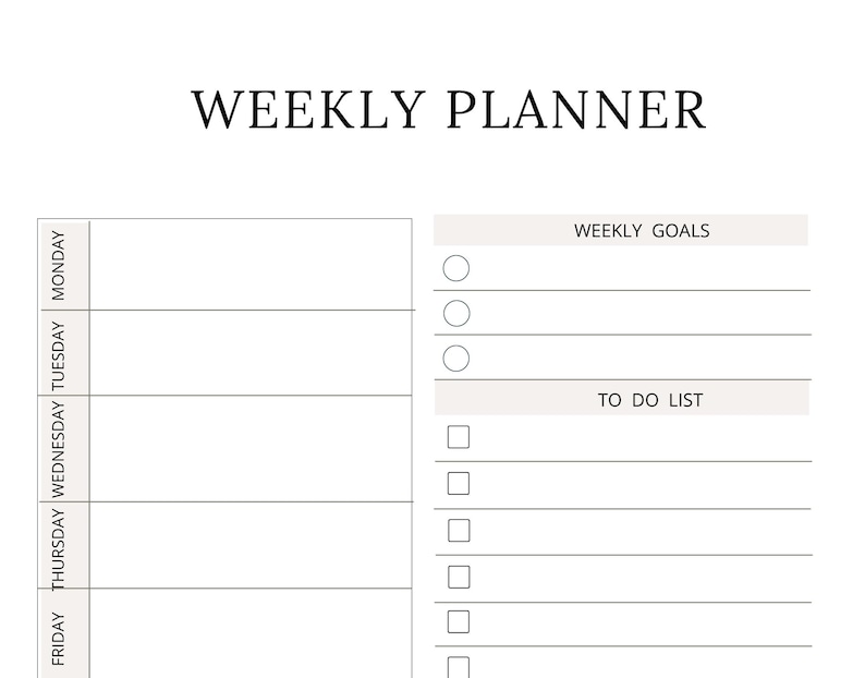 Peut inclure: Un mod&egrave;le de planning hebdomadaire blanc avec le texte WEEKLY PLANNER en haut. La partie gauche liste les jours du lundi au vendredi avec des espaces vides. La partie droite comprend des sections WEEKLY GOALS avec des cercles et TO DO LIST avec des carr&eacute;s.