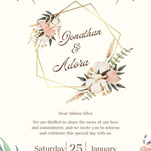 May include: A wedding invitation with a gold geometric frame adorned with watercolor flowers. The invitation reads "The Wedding" and features the names "Jonathan & Adora". The date of the wedding is Saturday, January 25th.