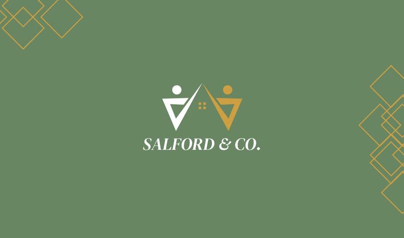 Puede incluir: Un fondo verde con un logotipo blanco y dorado. El logotipo presenta dos personas estilizadas formando una casa con una ventana. El texto "SALFORD & CO." est&aacute; debajo del logotipo.