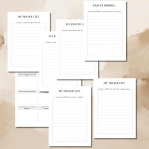 May include: A set of printable prayer list and journal pages. The pages are white with black text. The pages include titles such as "My Prayer List", "Ways I will Pray for Myself", "Ways I will Pray for My Family", "Ways I will Pray for My Community", and "Prayer Journal".
