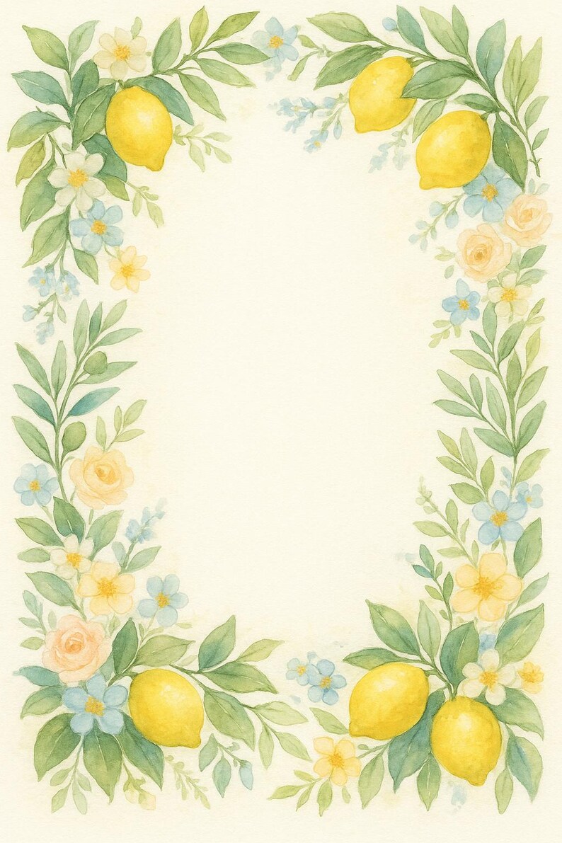 May include: Watercolor illustration of a rectangular floral border. The border features yellow lemons, green leaves, and delicate flowers in shades of blue, yellow, and cream, set against a cream background. The design is reminiscent of a botanical illustration.