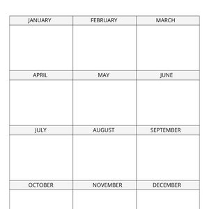 May include: A printable monthly nutrition goal tracker with a grid of 12 boxes, each labeled with a month of the year.