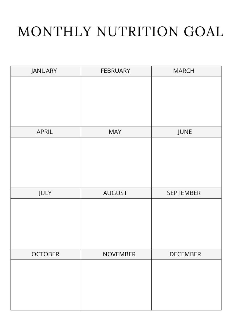 May include: A printable monthly nutrition goal tracker with a grid of 12 boxes, each labeled with a month of the year.