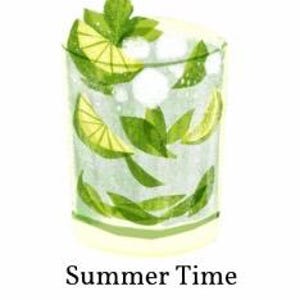 Puede incluir: Una ilustraci&oacute;n en acuarela de una refrescante bebida de verano. La imagen presenta un vaso transparente lleno de hielo, rodajas de lima y hojas de menta verdes. El texto "Summer Time" est&aacute; en la parte inferior de la imagen.