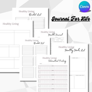 Op de afbeelding: Een printbare set met zwart-witte journalpagina's voor een gezond leven. De pagina's bevatten een bucketlist, een gezondheidsjournaal, een tracker voor intermitterend vasten en een lijst met gezonde kruiden.