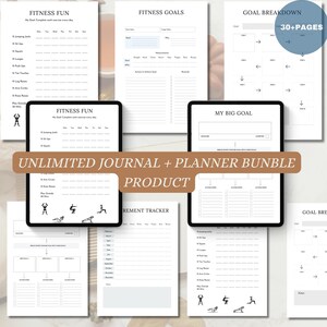 May include: A digital planner bundle for fitness goals. The bundle includes pages for fitness fun, fitness goals, goal breakdown, and a measurement tracker. The pages are designed with a minimalist aesthetic and feature a brown and white color scheme.