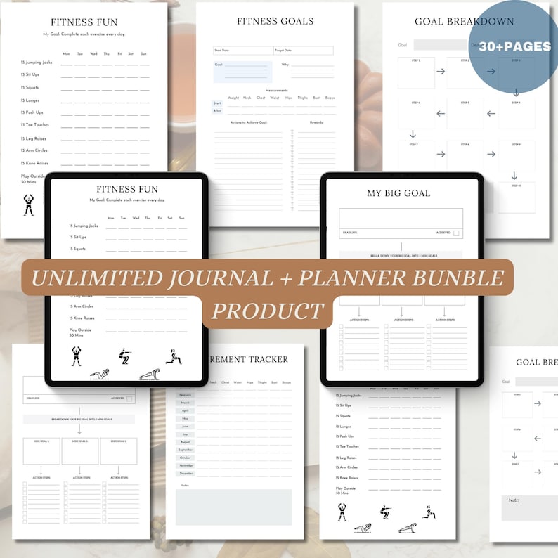 May include: A digital planner bundle for fitness goals. The bundle includes pages for fitness fun, fitness goals, goal breakdown, and a measurement tracker. The pages are designed with a minimalist aesthetic and feature a brown and white color scheme.