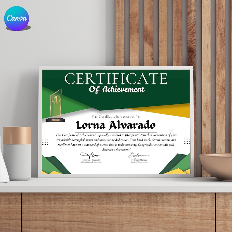 The image displays a vibrant Certificate of Achievement awarded to Lorna Alvarado. It recognizes her remarkable accomplishments and dedication, featuring signatures from Eleanor Fitzgerald (CEO) and François Mercer (Head of Department).