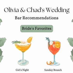 Puede incluir: Un letrero de recomendaci&oacute;n de bar de boda con el texto "Olivia & Chad's Wedding" y "Bar Recommendations". El letrero presenta ilustraciones de acuarela de dos c&oacute;cteles, "Girl's Night" y "Sunday Brunch", con acentos bot&aacute;nicos.