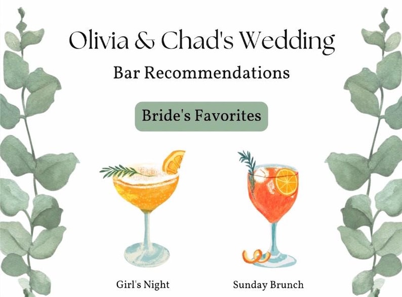 Puede incluir: Un letrero de recomendaci&oacute;n de bar de boda con el texto "Olivia & Chad's Wedding" y "Bar Recommendations". El letrero presenta ilustraciones de acuarela de dos c&oacute;cteles, "Girl's Night" y "Sunday Brunch", con acentos bot&aacute;nicos.