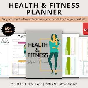 May include: A digital health and fitness planner with a minimalist design. The cover features a teal and black illustration of a woman. The planner includes sections for daily schedules, meal tracking, and fitness goals. The text reads "Health & Fitness Planner".