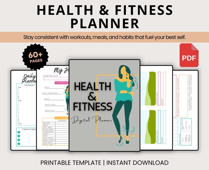May include: A digital health and fitness planner with a minimalist design. The cover features a teal and black illustration of a woman. The planner includes sections for daily schedules, meal tracking, and fitness goals. The text reads "Health & Fitness Planner".