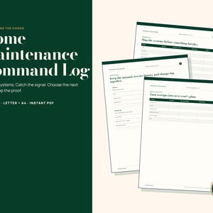 Puede incluir: Un planificador digital de registro de mantenimiento del hogar con 43 p&aacute;ginas en tama&ntilde;os carta y A4. El documento presenta p&aacute;ginas blancas con encabezados verde oscuro, tablas para el historial de servicio y contiene texto.