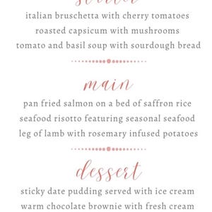 May include: A menu with a list of starter, main, and dessert options. The menu features Italian bruschetta with cherry tomatoes, roasted capsicum with mushrooms, tomato and basil soup with sourdough bread, pan fried salmon on a bed of saffron rice, seafood risotto featuring seasonal seafood, leg of lamb with rosemary infused potatoes, sticky date pudding served with ice cream, warm chocolate brownie with fresh cream, and tiramisu with espresso and fresh cream.