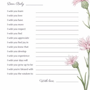 Pu&ograve; includere: Un biglietto stampabile con un design floreale e il testo "Caro Beb&egrave;" in alto. Il biglietto contiene un elenco di auguri per un bambino, come "Ti auguro di imparare", "Ti auguro amore" e "Ti auguro di trovare gioia in". Il biglietto termina con il testo "Con amore."
