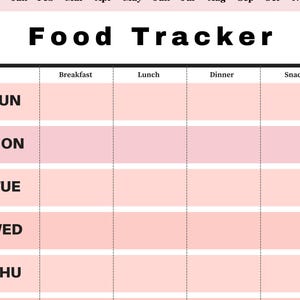 May include: A printable food tracker planner page with a light pink and white colour scheme. The header reads Food Tracker, followed by columns for Date, Breakfast, Lunch, Dinner, and Snack. Rows are labelled with days of the week from SUN to THU.