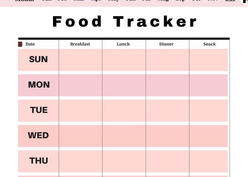 May include: A printable food tracker planner page with a light pink and white colour scheme. The header reads Food Tracker, followed by columns for Date, Breakfast, Lunch, Dinner, and Snack. Rows are labelled with days of the week from SUN to THU.