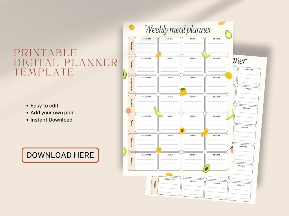 Weekly Meal Planner, Editable Canva Template, Digital Download listing preview