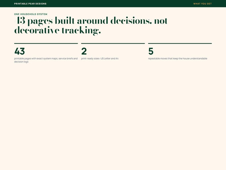 Puede incluir: Un documento digital titulado One Household System con texto verde oscuro sobre un fondo crema. Indica 13 pages built around decisions, not decorative tracking, 43 printable pages, 2 print-ready sizes: US Letter and A4, y 5 moves.