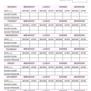 May include: A printable blood sugar and blood pressure log with spaces to record measurements for each day of the week, including breakfast, lunch, dinner, and bedtime.