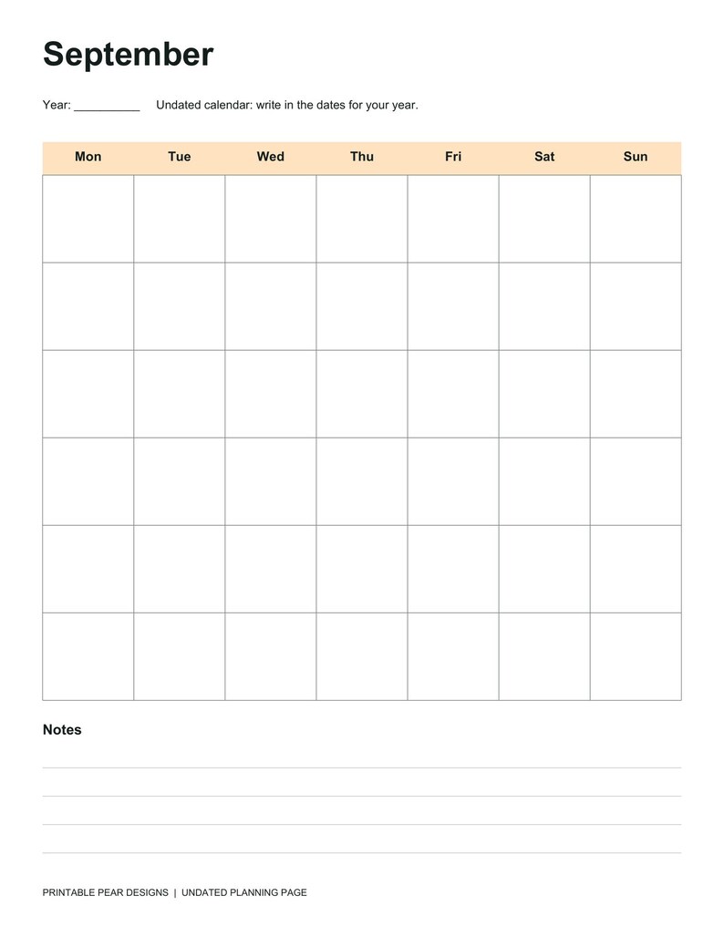 Actual September calendar with a blank year line, a Monday-to-Sunday grid with six rows, and lined notes space.