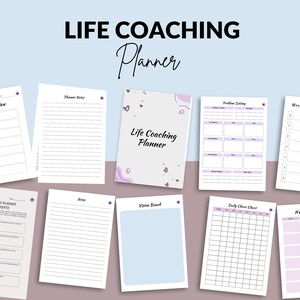 Peut inclure: Un planificateur de coaching de vie imprimable avec des pages pour les objectifs hebdomadaires, la revue hebdomadaire, la r&eacute;solution de probl&egrave;mes, le tableau de vision, le tableau des t&acirc;ches quotidiennes, le suivi des habitudes et les notes. Le planificateur a un sch&eacute;ma de couleurs rose et violet avec des c&oelig;urs et d'autres &eacute;l&eacute;ments d&eacute;coratifs.