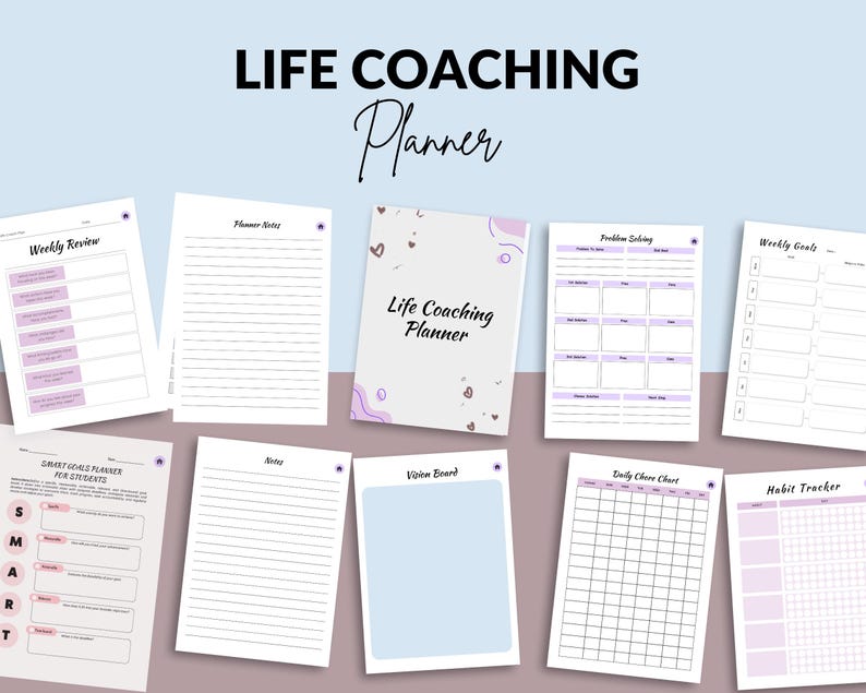 Peut inclure: Un planificateur de coaching de vie imprimable avec des pages pour les objectifs hebdomadaires, la revue hebdomadaire, la r&eacute;solution de probl&egrave;mes, le tableau de vision, le tableau des t&acirc;ches quotidiennes, le suivi des habitudes et les notes. Le planificateur a un sch&eacute;ma de couleurs rose et violet avec des c&oelig;urs et d'autres &eacute;l&eacute;ments d&eacute;coratifs.