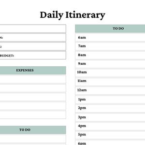 Puede incluir: Una p&aacute;gina de planificador Daily Itinerary con secciones para Date, Location, Weather y Today's Budget. Incluye una secci&oacute;n de Expenses y dos listas de To Do, una con franjas horarias de 6am a 6pm, todo organizado con encabezados verde salvia.