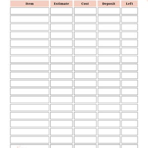 May include: A wedding budget planner sheet featuring a table with columns labeled Item, Estimate, Cost, Deposit, and Left. The header and footer are decorated with soft pink floral illustrations. The grid contains twenty-two blank rows.