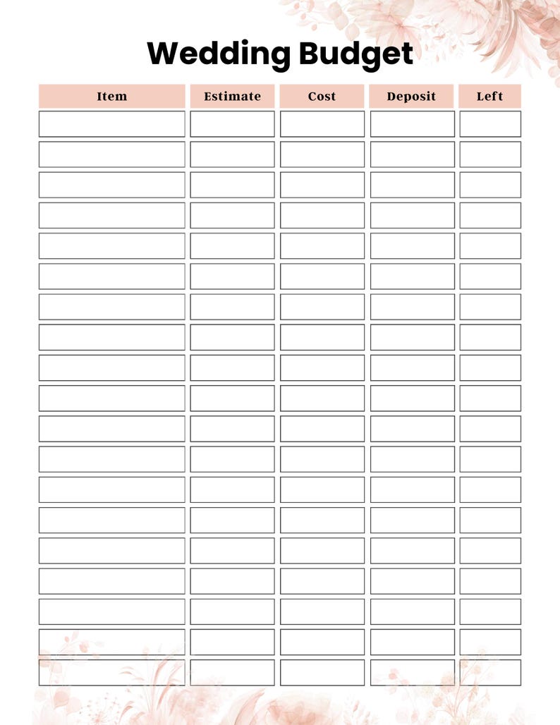 May include: A wedding budget planner sheet featuring a table with columns labeled Item, Estimate, Cost, Deposit, and Left. The header and footer are decorated with soft pink floral illustrations. The grid contains twenty-two blank rows.