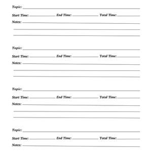 May include: A black and white Study Time Tracker printable sheet featuring four identical sections. Each section includes lines for Topic, Start Time, End Time, Total Time, and three blank lines for Notes, all set against a clean white background.