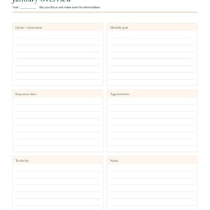 May include: A printable January overview planner page featuring a header with the text Printable Pear Designs and January overview. The layout includes sections for Year, Quote/motivation, Monthly goal, Important dates, Appointments, To-do list, and Notes.