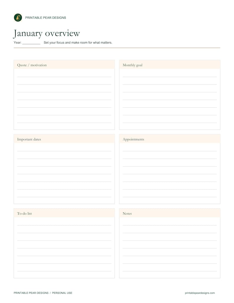 May include: A printable January overview planner page featuring a header with the text Printable Pear Designs and January overview. The layout includes sections for Year, Quote/motivation, Monthly goal, Important dates, Appointments, To-do list, and Notes.