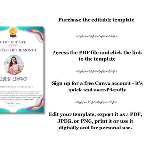 May include: A colorful certificate template for Employee of the Month. The template features a blue, pink, and yellow background with a gold star and a photo placeholder. The text "CERTIFICATE FOR EMPLOYEE OF THE MONTH" is at the top of the template. The text "LYDIA EDWARD" is below the photo placeholder. The text "CUSTOMER SERVICE | MARCH 2025" is below the name. The text "Tyler Mc Taylor" is at the bottom of the template.