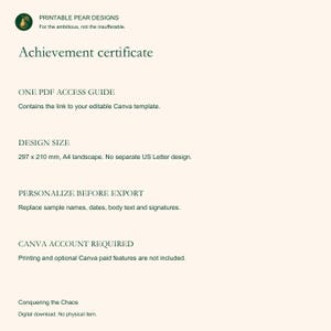 May include: A digital achievement certificate template featuring dark green text on a light cream background. It includes a logo with a pear, instructions for a PDF access guide, a design size of 297 x 210 mm, and requirements for a Canva account.