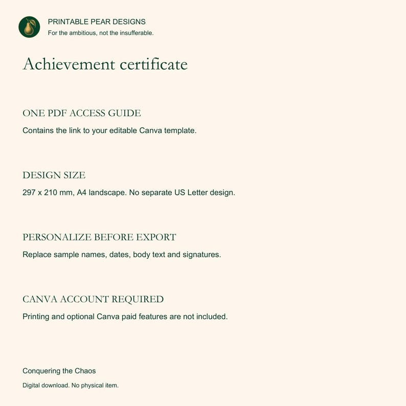 May include: A digital achievement certificate template featuring dark green text on a light cream background. It includes a logo with a pear, instructions for a PDF access guide, a design size of 297 x 210 mm, and requirements for a Canva account.