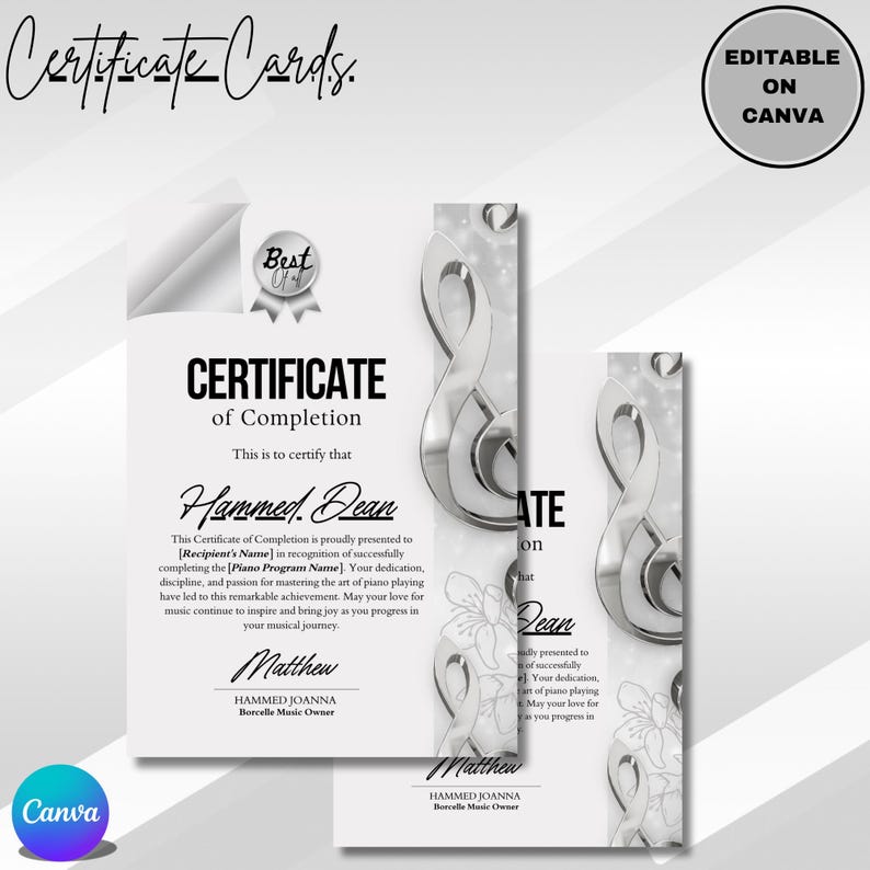 Może przedstawiać: Biały szablon certyfikatu ukończenia z grafiką srebrnego klucza wiolinowego, kwiatowymi rysunkami liniowymi i odznaką Best of Award. Tekst zawiera Certificate of Completion, This is to certify that oraz miejsca na wpisanie imion i nazwisk.
