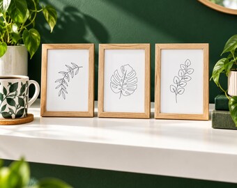 Mini láminas de arte botánico lineal: eucalipto, monstera y rama de olivo, en formato PDF y PNG de 4x6 pulgadas.