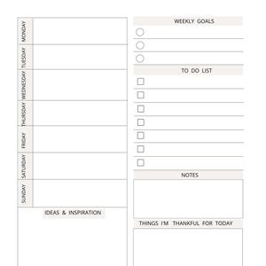 Peut inclure: Un mod&egrave;le de planificateur hebdomadaire avec le titre WEEKLY PLANNER en haut. La partie gauche pr&eacute;sente des sections quotidiennes du lundi au dimanche et une case IDEAS & INSPIRATION. La partie droite inclut des sections pour WEEKLY GOALS, TO DO LIST, NOTES et THINGS I'M THANKFUL FOR TODAY.