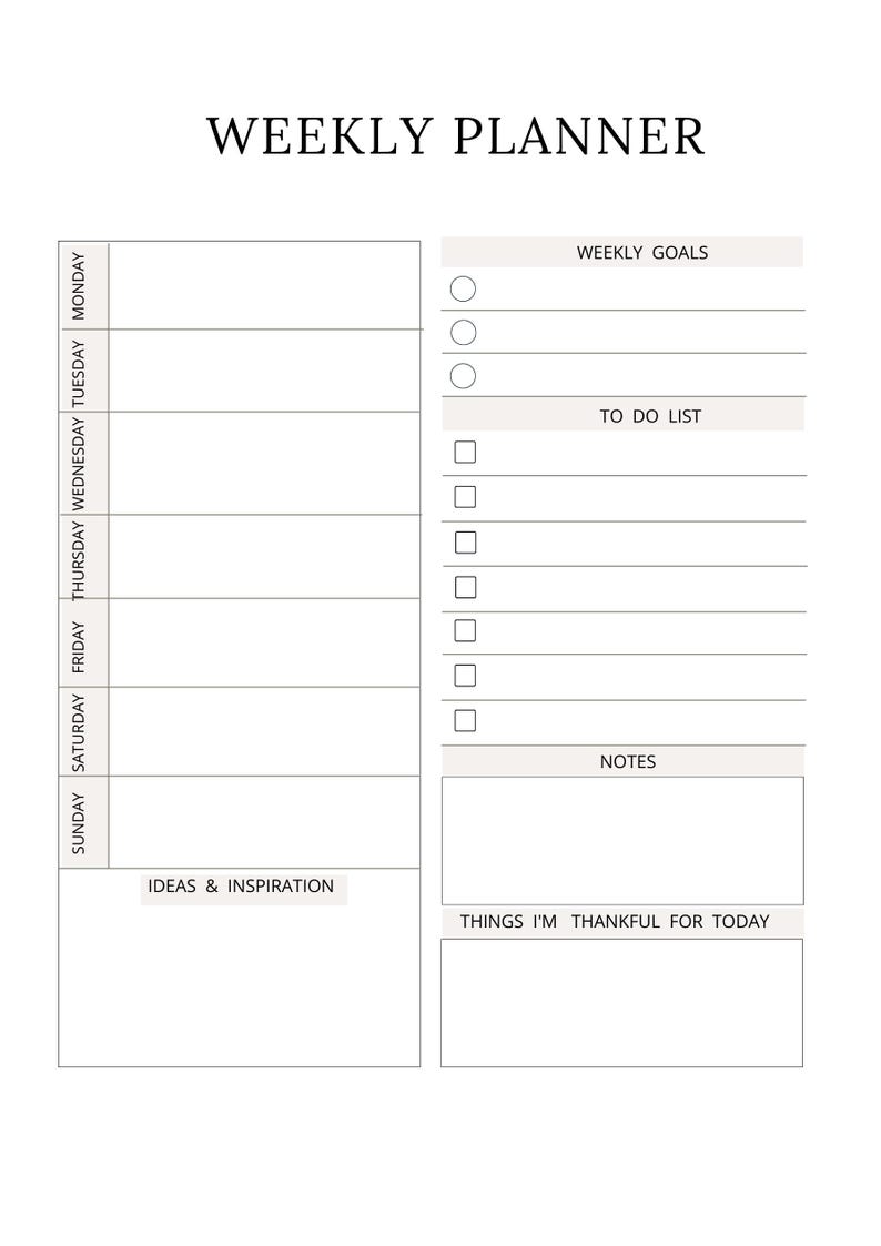 Peut inclure: Un mod&egrave;le de planificateur hebdomadaire avec le titre WEEKLY PLANNER en haut. La partie gauche pr&eacute;sente des sections quotidiennes du lundi au dimanche et une case IDEAS & INSPIRATION. La partie droite inclut des sections pour WEEKLY GOALS, TO DO LIST, NOTES et THINGS I'M THANKFUL FOR TODAY.