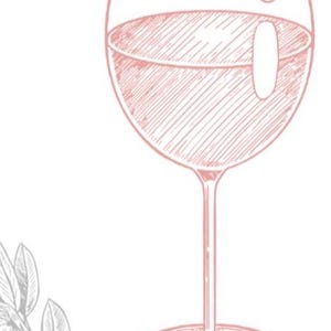 May include: A hand-drawn illustration of a glass of red wine. The glass is a traditional wine glass with a wide bowl and a long stem. The wine is a deep red color and is filling the glass.