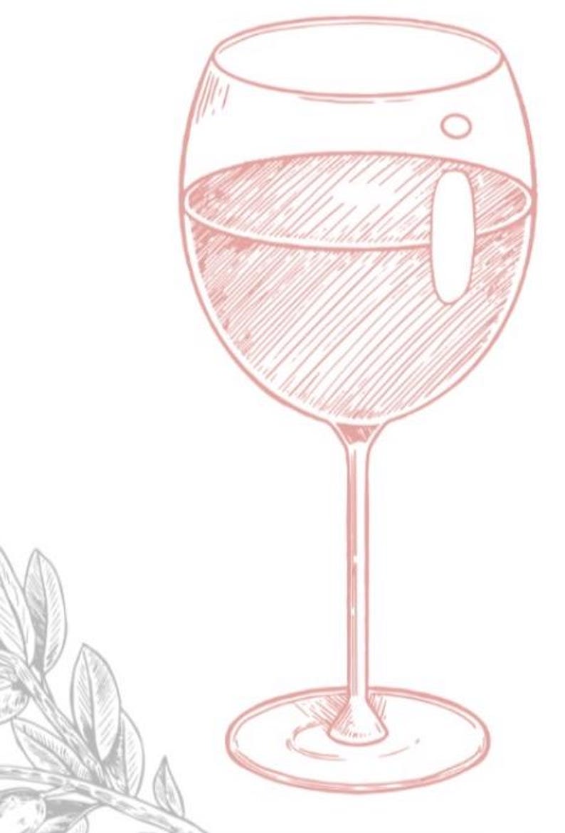 May include: A hand-drawn illustration of a glass of red wine. The glass is a traditional wine glass with a wide bowl and a long stem. The wine is a deep red color and is filling the glass.