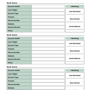 Actual Bank Accounts worksheet from the included PDF. Three sections include Account Holder, Last 4 Digits, Account Type, Purpose, contact details, notes, Last Reviewed, and Next Review.
