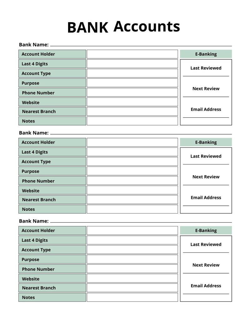 Actual Bank Accounts worksheet from the included PDF. Three sections include Account Holder, Last 4 Digits, Account Type, Purpose, contact details, notes, Last Reviewed, and Next Review.