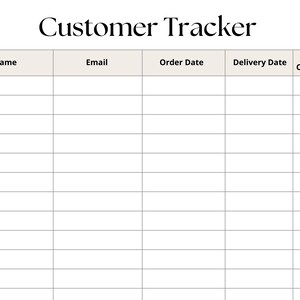 Może przedstawiać: Dokument do śledzenia klient&oacute;w z nagł&oacute;wkiem Customer Tracker u g&oacute;ry. Tabela zawiera pięć kolumn oznaczonych jako Name, Email, Order Date, Delivery Date oraz Repeat Customer, z wieloma pustymi wierszami przeznaczonymi do wpisywania danych.