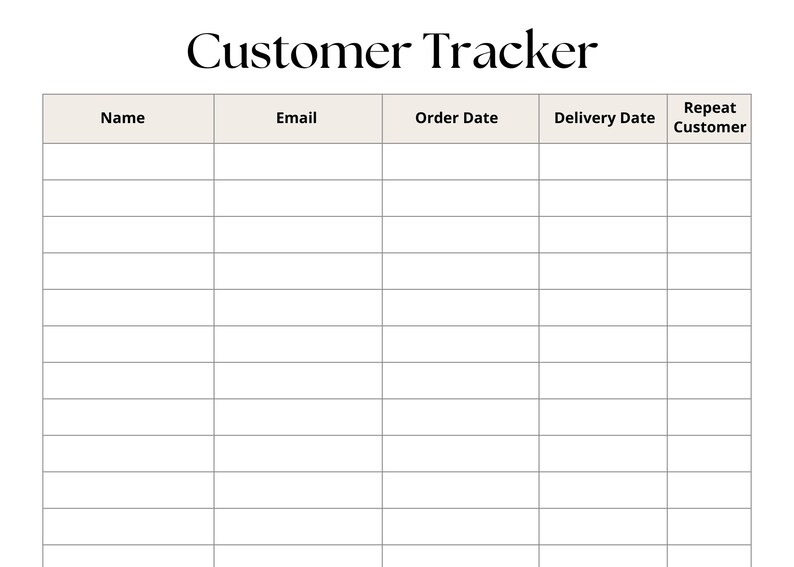 Może przedstawiać: Dokument do śledzenia klient&oacute;w z nagł&oacute;wkiem Customer Tracker u g&oacute;ry. Tabela zawiera pięć kolumn oznaczonych jako Name, Email, Order Date, Delivery Date oraz Repeat Customer, z wieloma pustymi wierszami przeznaczonymi do wpisywania danych.